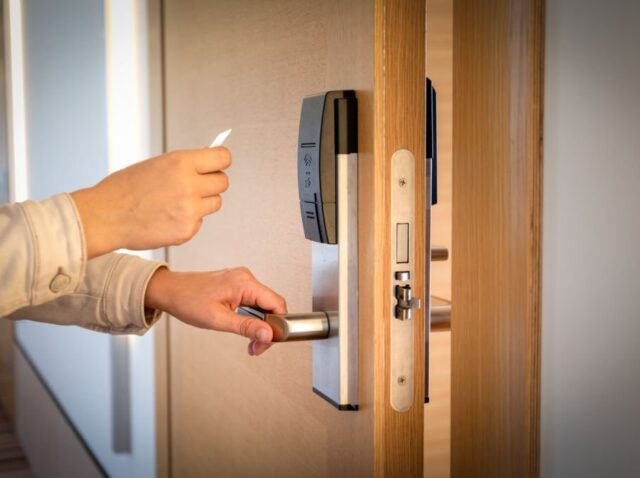 Opening a hotel door with keyless entry card